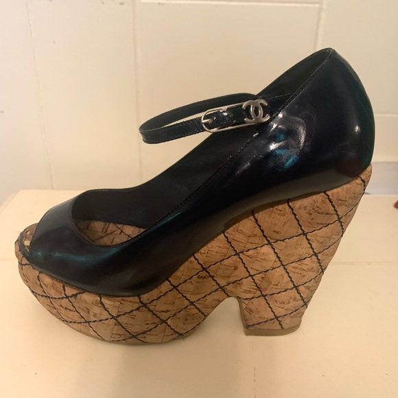 Chanel Patent Leather Quilted Cork Wedge Platforms - Picture 2 of 7